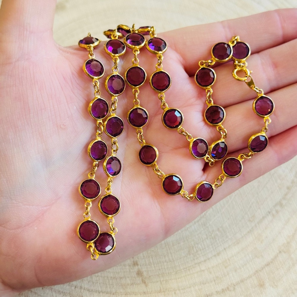 VTG Regal‎ Open Purple Austrian Crystal Necklace Elegant Gold Plated Chain 80s